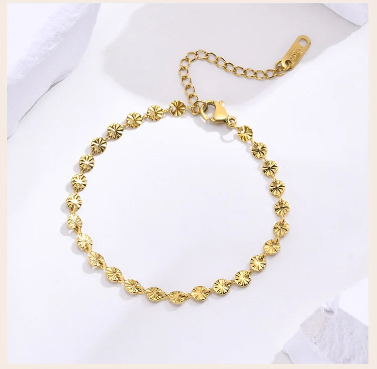 Texture Discs Bracelet Adjustable for Women, Stainless Steel Gold Plated Boho Minimalist Stacking Layered Jewelry