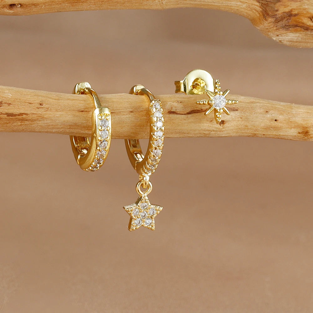 3PCS Gold Silver Star Moon Hanging Earrings Set Stainless Steel
