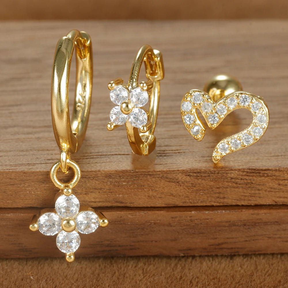 3PCS Four Flower Zircon Little Hoop Earring Star Cartilage Piercing