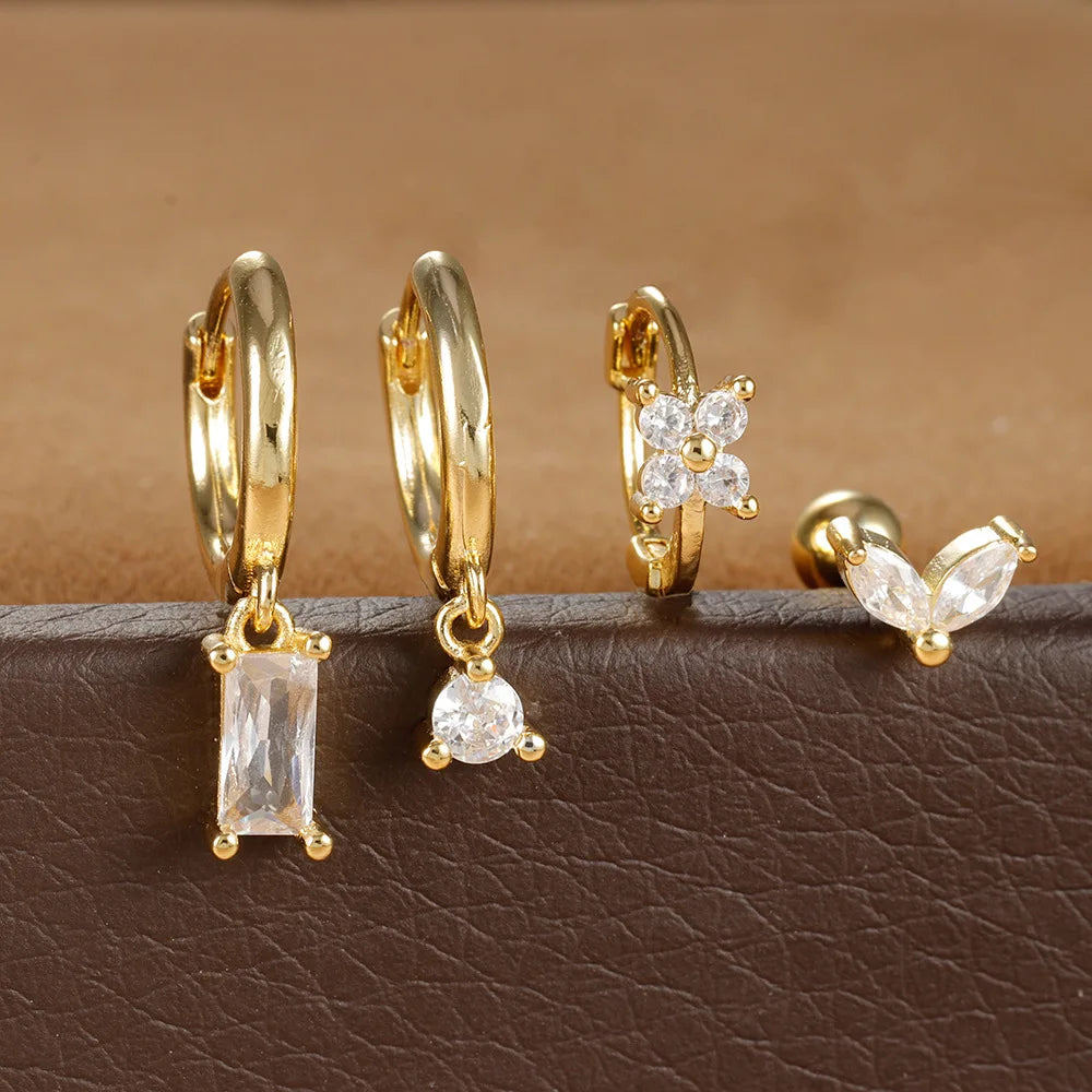 4PCS Green Crystal Zircon Stainless Steel Hoop Earrings Square Set