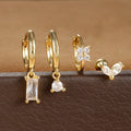 4PCS Green Crystal Zircon Stainless Steel Hoop Earrings Square Set