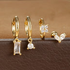4PCS Green Crystal Zircon Stainless Steel Hoop Earrings Square Set