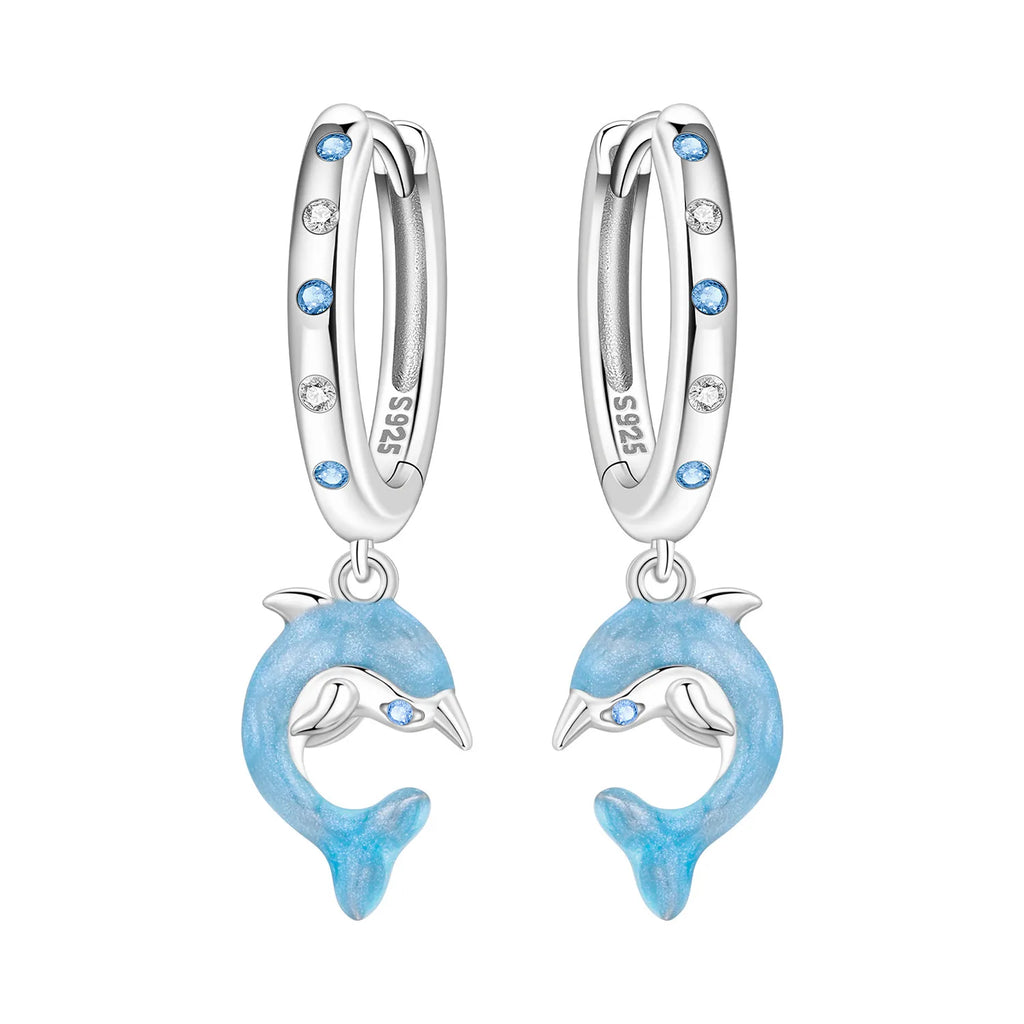 925 Sterling Silver Blue Devil Fish Hoop Earrings Anniversary Jewellery Gift