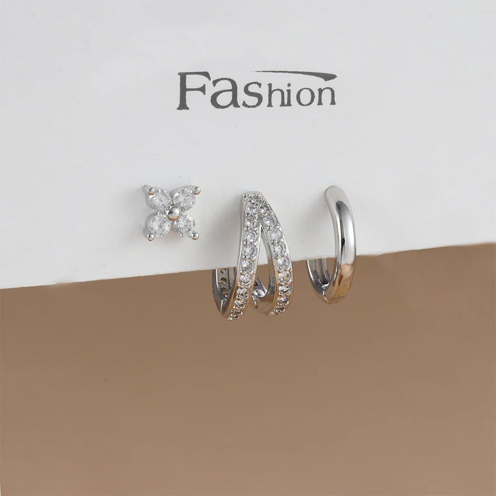 3PCS Trendy Double-layer Circle Cubic Zircon Star Hanging Earrings