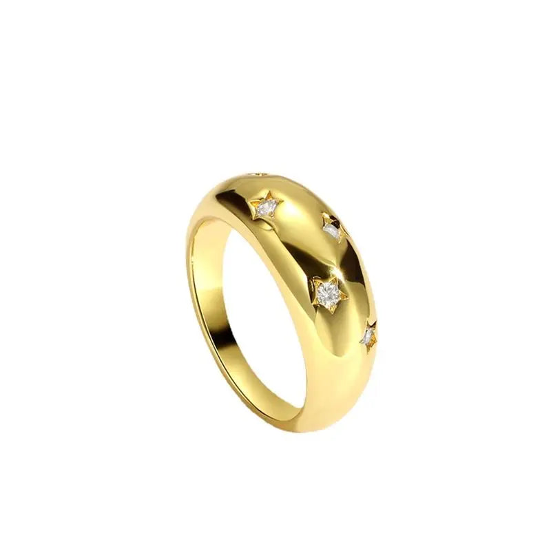 925 Sterling Silver Star Chunky Ring Vintage Trendy Gold Colour Zirconia Stacking Punk Accessory
