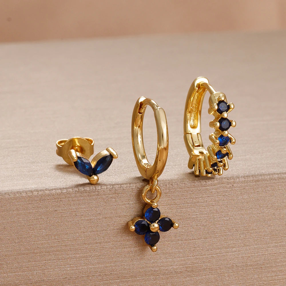 3PCS Cute Flower Stainless Steel Blue Zircons Small Hoop Earrings