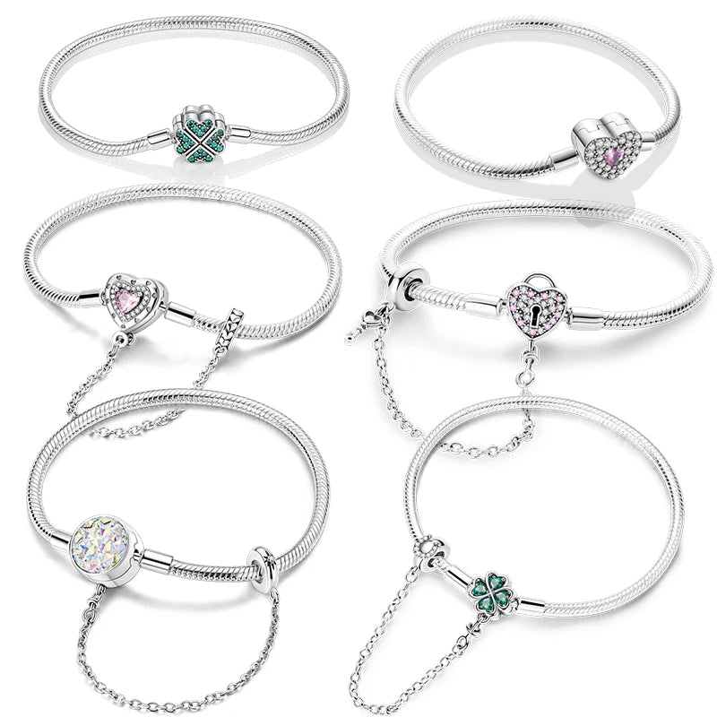 Original 925 Silver Bracelet Original Clover Heart Snake Chain Bracelets Fit Charms Beads Jewelry Gift Diy For Woman Wedding