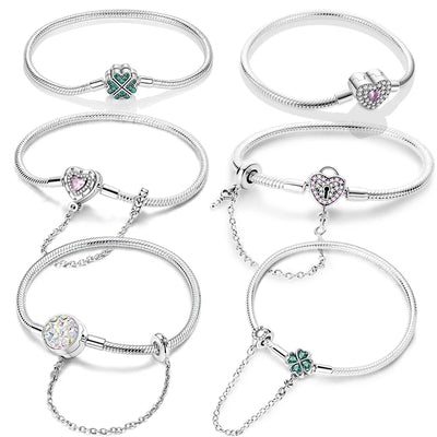 Original 925 Silver Bracelet Original Clover Heart Snake Chain Bracelets Fit Charms Beads Jewelry Gift Diy For Woman Wedding