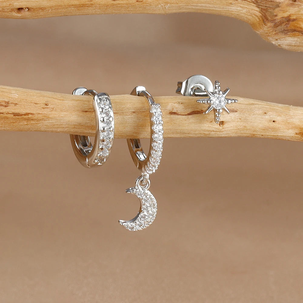 3PCS Gold Silver Star Moon Hanging Earrings Set Stainless Steel
