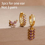 3pcs Purple Cubic Zirconia Piercing Earring Set Stainless Steel