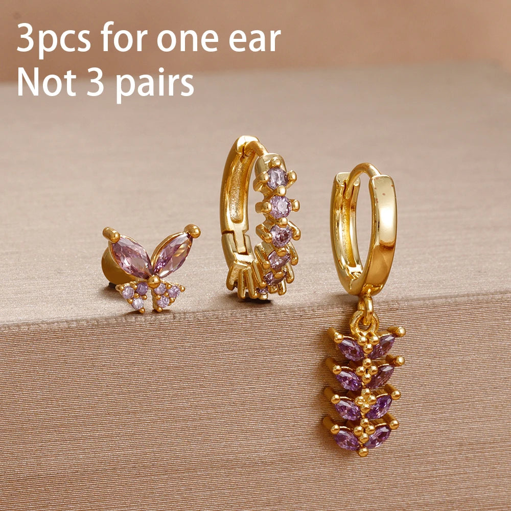 3pcs Purple Cubic Zirconia Piercing Earring Set Stainless Steel