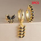3PCS Zircon Leaf Hoop Earrings Set Stainless Steel Butterfly Studs
