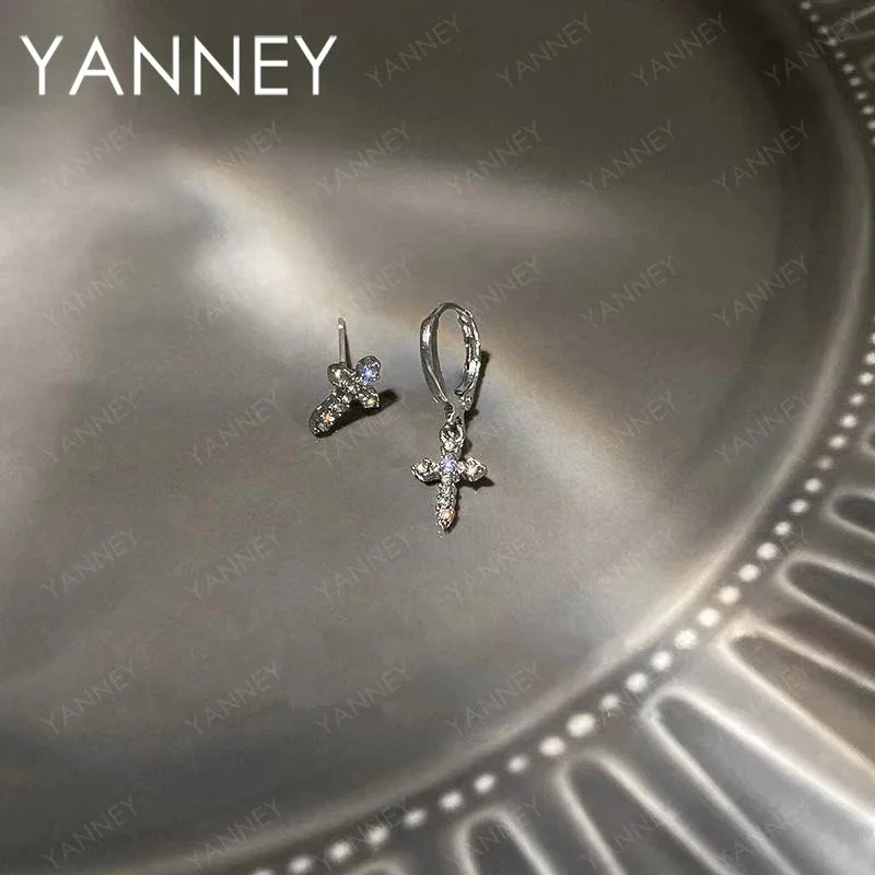 925 Sterling Silver Cross Zircon Stud Earrings Men Women Sparkling Jewellery
