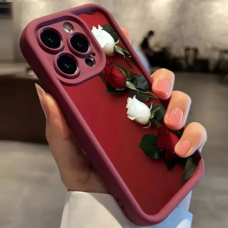 Wine Red & White Rose Case for iPhone 16 15 14 13 12 11 Pro Max XR 7 8 Plus