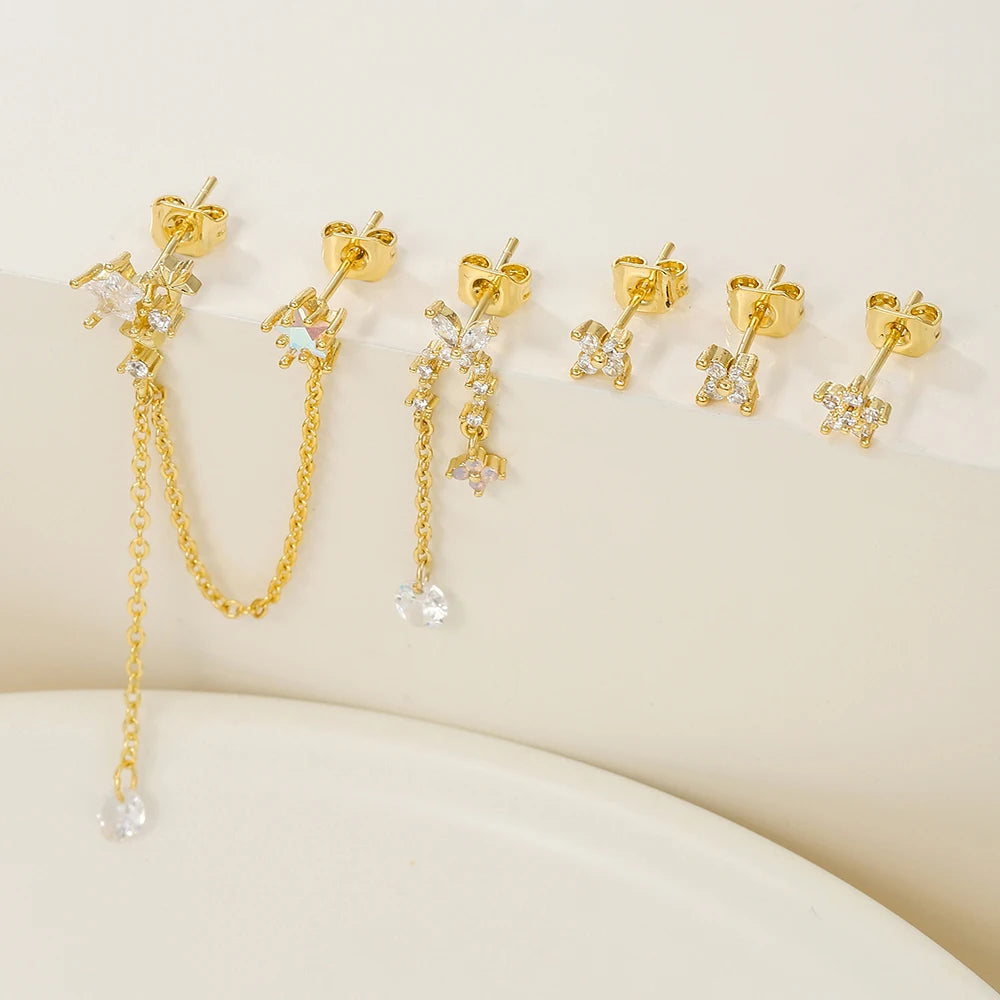 Stainless Steel Star Chain Tassel Drop Earrings 18K Gold Zircon