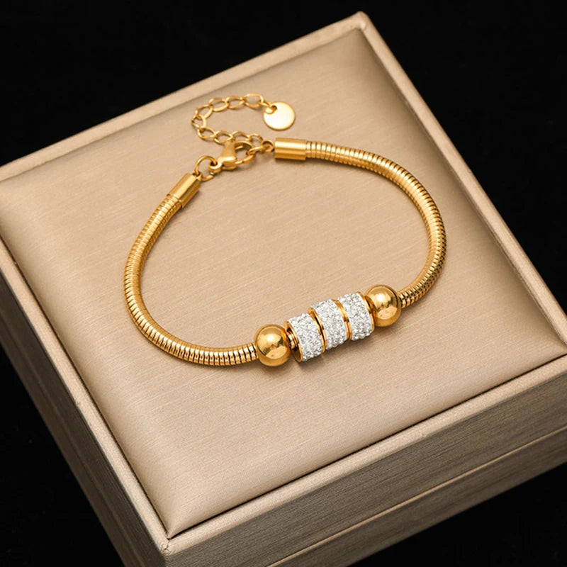 Heart Roman Numeral Zircon Bead Stainless Steel Snake Bone Bracelet