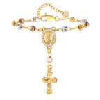 Stainless Steel Virgin Mary St Benedict Cross Bracelet, Bead Chain Bracelet Women Religious Jewelry