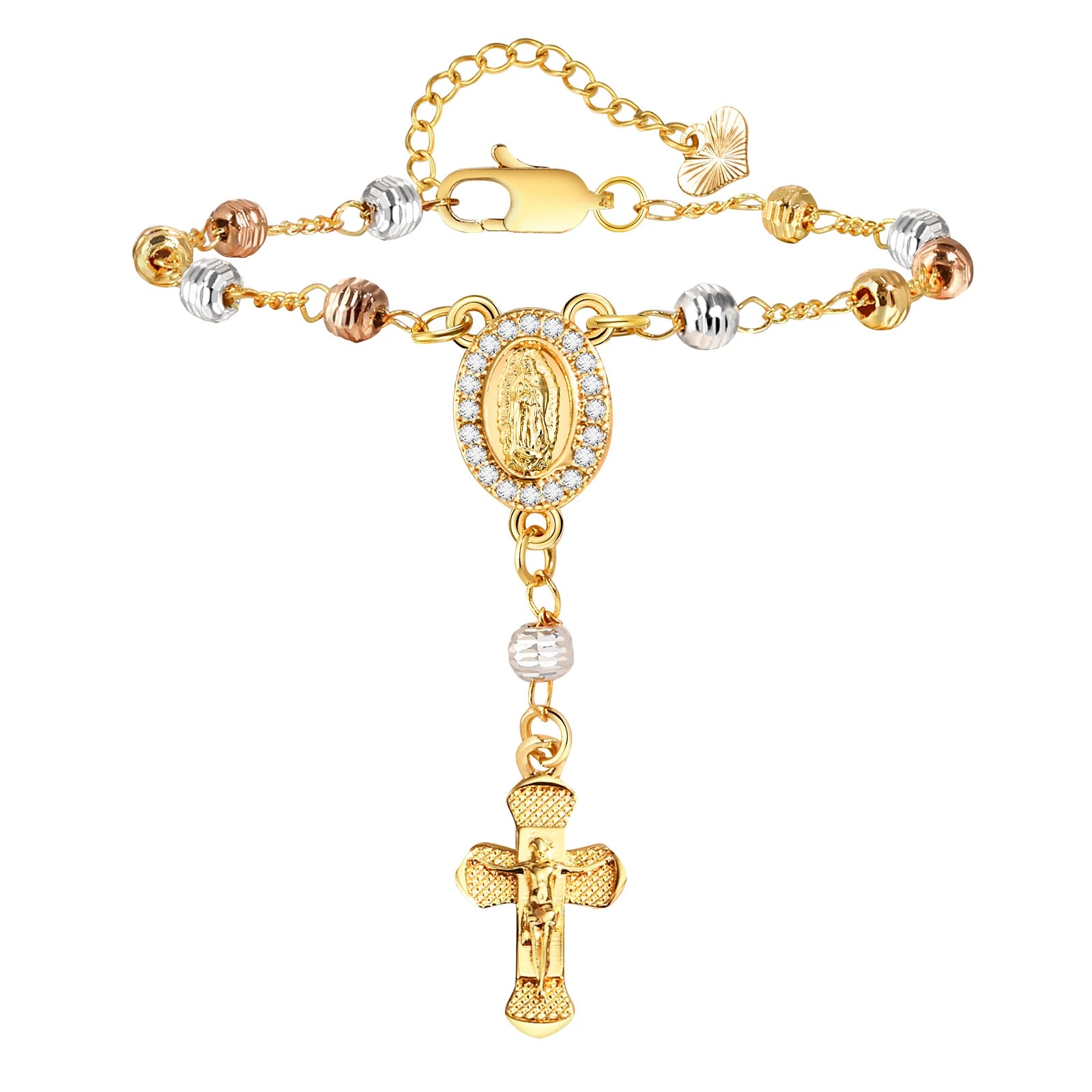 Stainless Steel Virgin Mary St Benedict Cross Bracelet, Bead Chain Bracelet Women Religious Jewelry