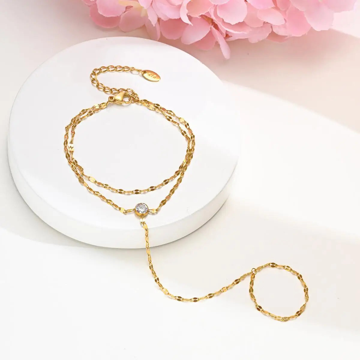 Stainless Steel Hand Chain Ring Bracelet for Women, Adjustable Gold Plated Doule-layer Bracelets, Christmas Party Jewelry