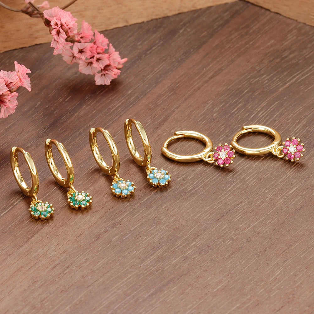 Exquisite Colourful Crystal Flower Hoop Earrings Stainless Steel