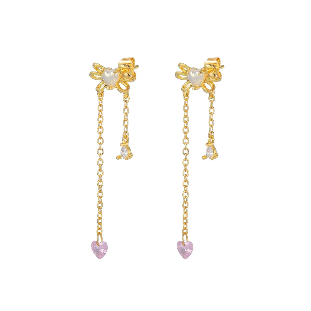 2PCS Pink Zircon Chain Tassel Bowknot Drop Earrings Sweet Pendant