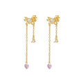 2PCS Pink Zircon Chain Tassel Bowknot Drop Earrings Sweet Pendant