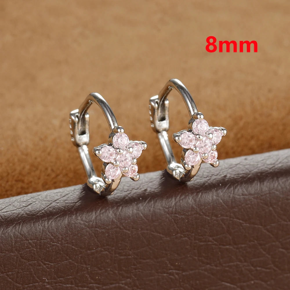 2PCS Huggies Hoop Earrings Stainless Steel Crystal Zirconia Flower
