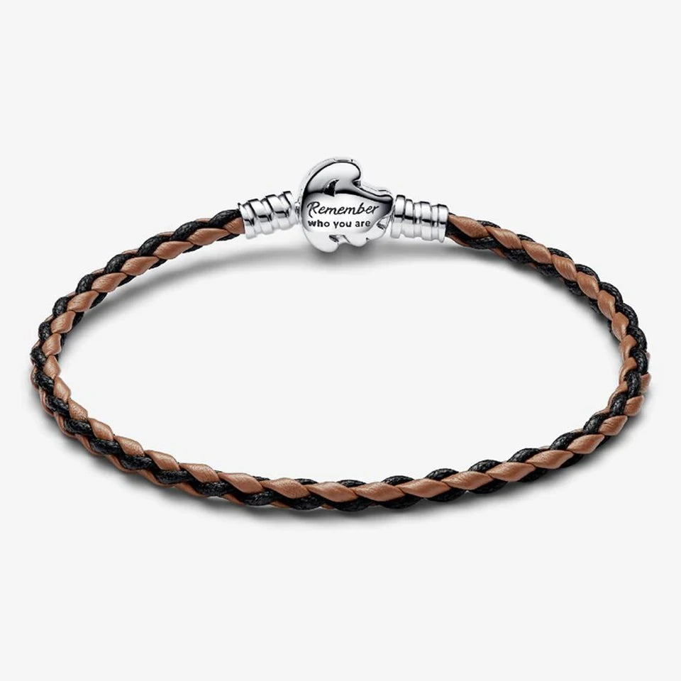New 925 Silver Sparkling Heart to Heart Double Loop Leather Rope Weaving Bracelet Fashion DIY Charm Exquisite Jewelry Gift