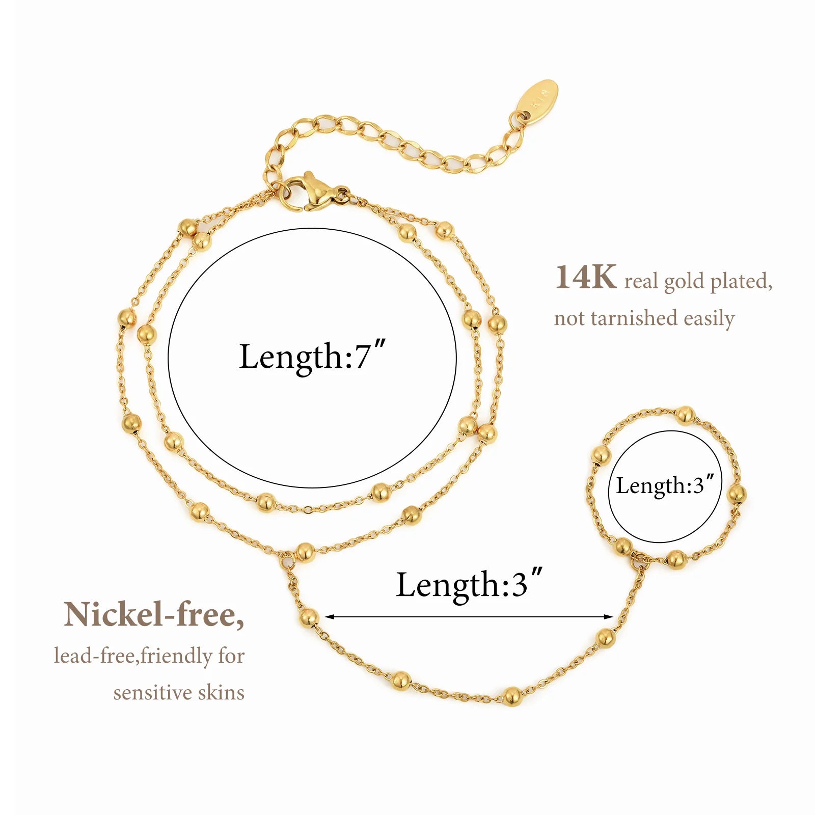 Stainless Steel Hand Chain Ring Bracelet for Women, Adjustable Gold Plated Doule-layer Bracelets, Christmas Party Jewelry