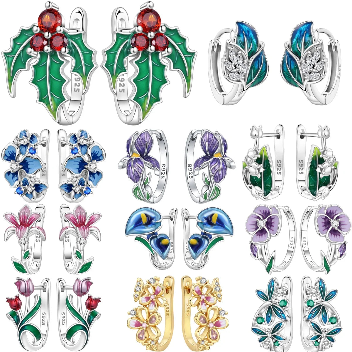 925 Sterling Silver Blue Leaf Plant Ear Studs Hoop Earrings Jewellery Gift