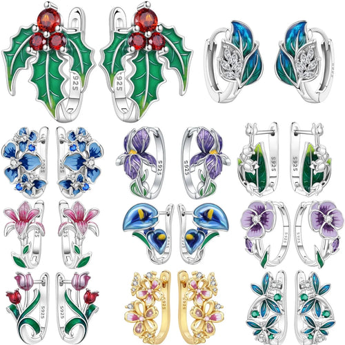 925 Sterling Silver Blue Leaf Plant Ear Studs Hoop Earrings Jewellery Gift