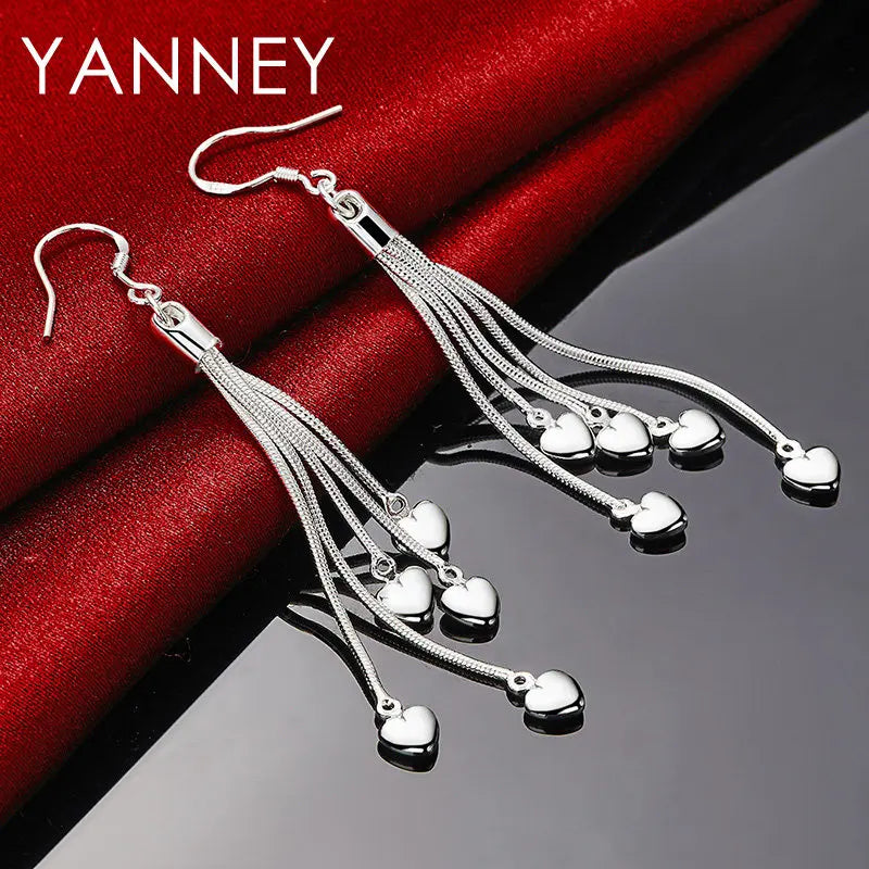 925 Sterling Silver 70mm Tassel Heart Earrings Women Fashion Girlfriend Gift