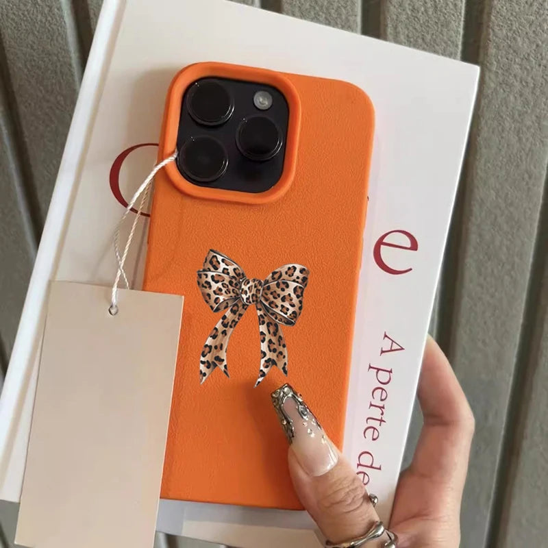 Leopard Print Bow Lychee Case for iPhone 17 16 15 14 Pro Max Plus