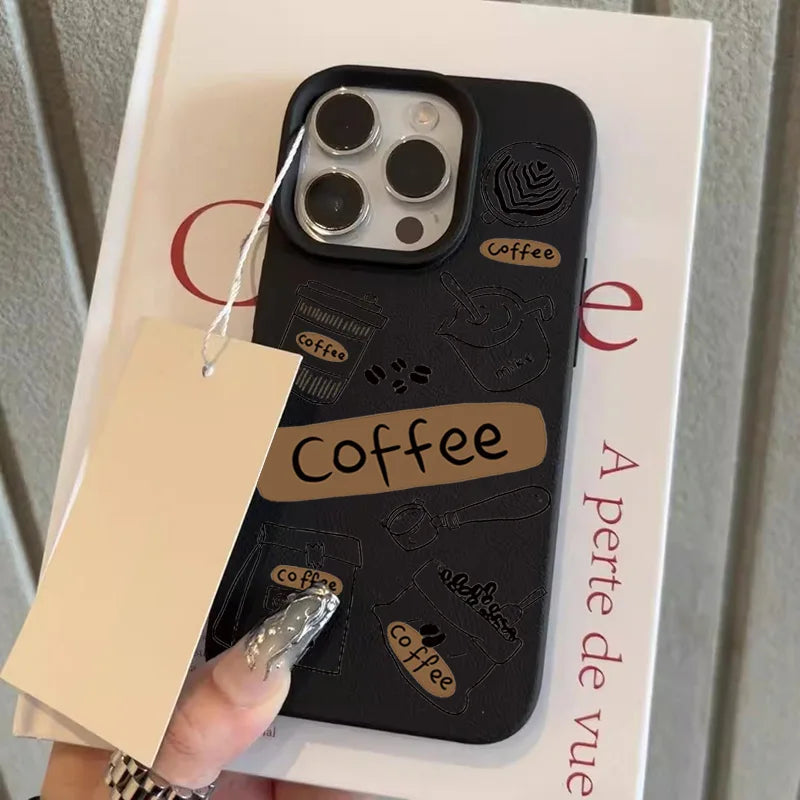 Winter Coffee Pattern Lychee Case for iPhone 17 16 15 14 Pro Max