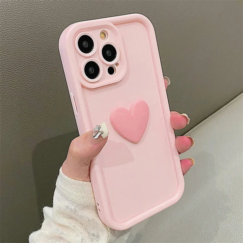 3D Love Heart Pink Matte Case for iPhone 17 16 15 14 13 12 11 Pro Max Plus