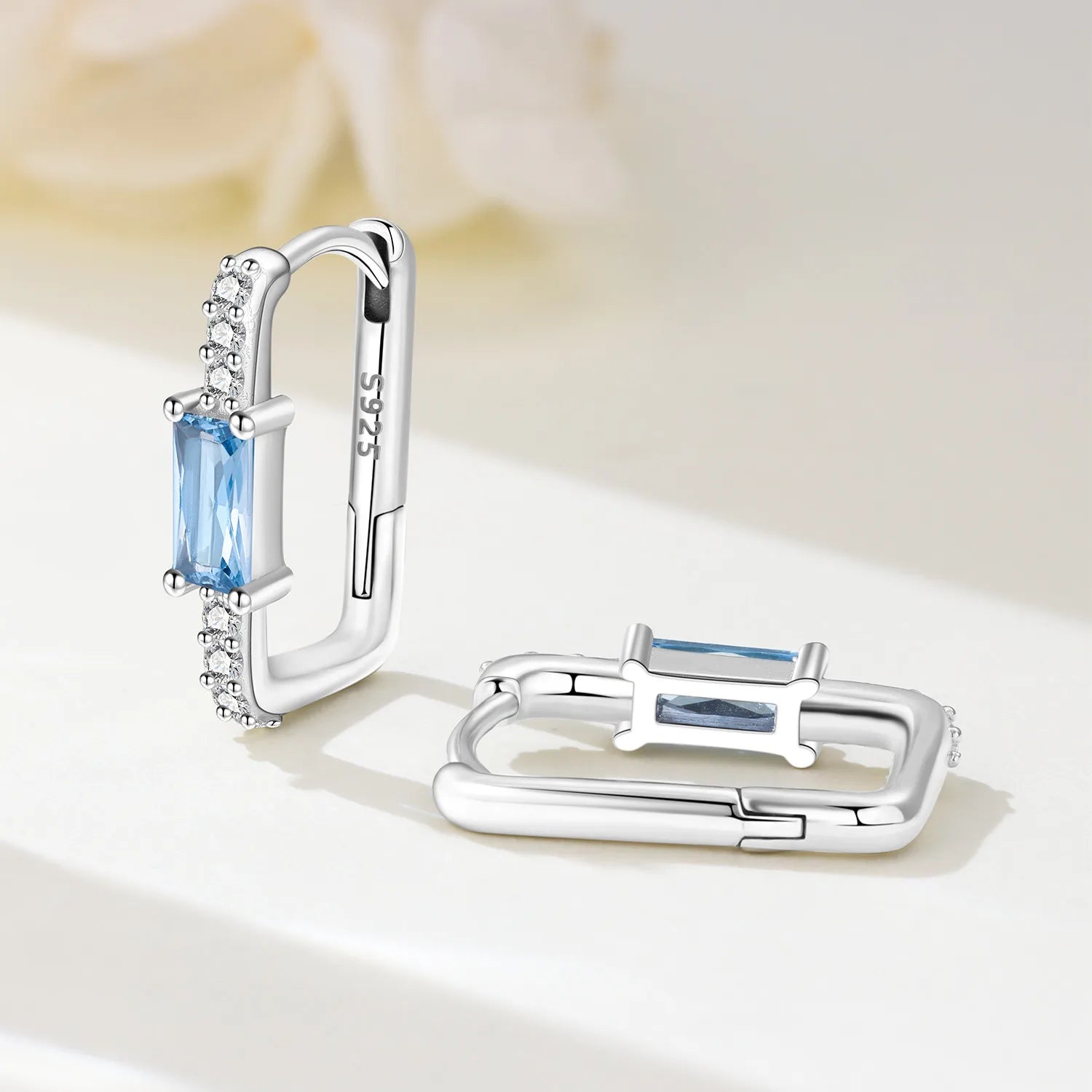925 Sterling Silver Minimalist Blue Zircon Hoop Earrings Anniversary Gift