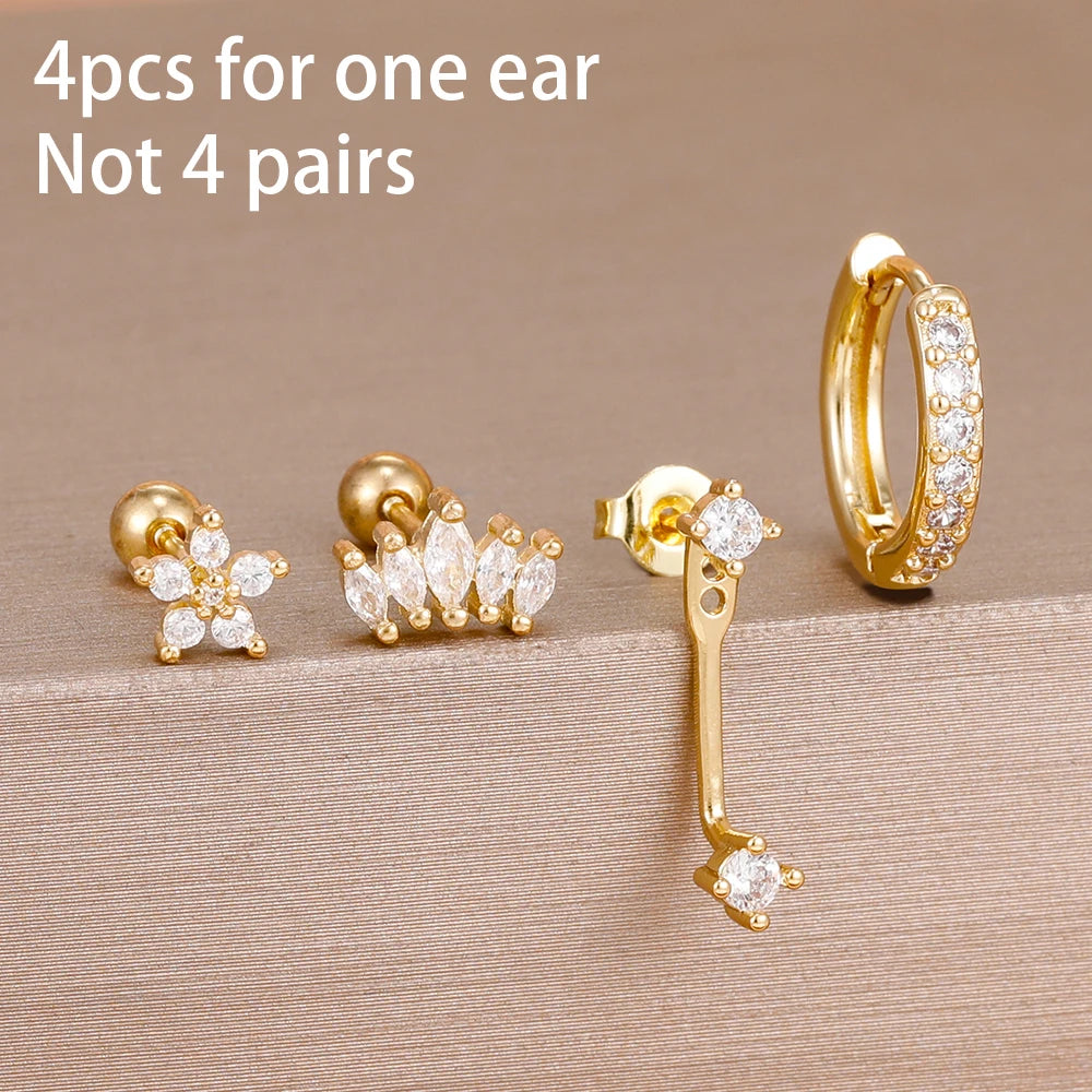 4pcs Korean Stainless Steel Zircon Water Drop Piercing Earrings Set