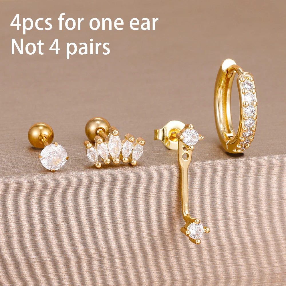 4pcs Korean Stainless Steel Zircon Water Drop Piercing Earrings Set