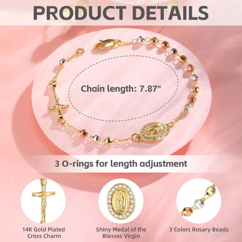 Virgin Mary Rosary Bead Cross Bracelet for Women, Tri-color Adjustable Chain Virgin of Guadalupe Bracelet Baptism Confirmation