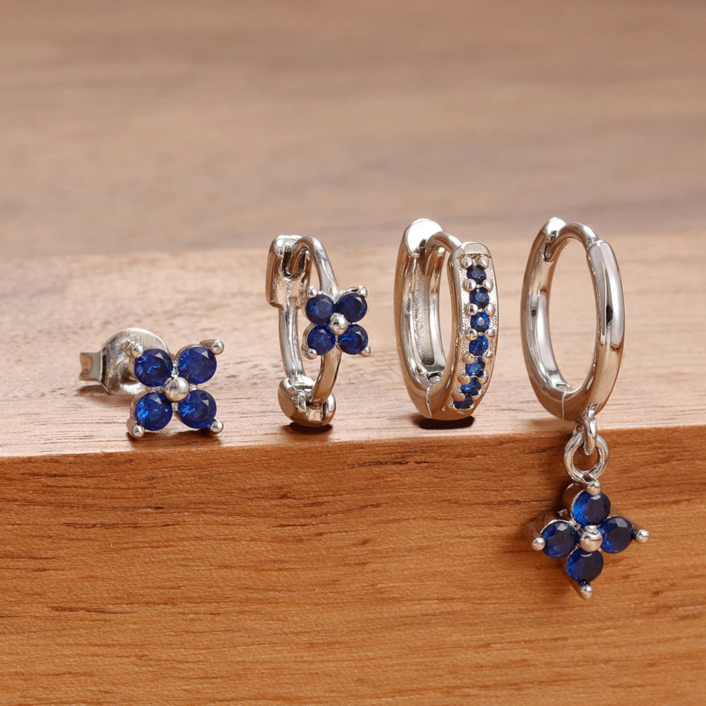4PCS Black Zircon Flower Hoop Earring Simple Stainless Steel Huggies