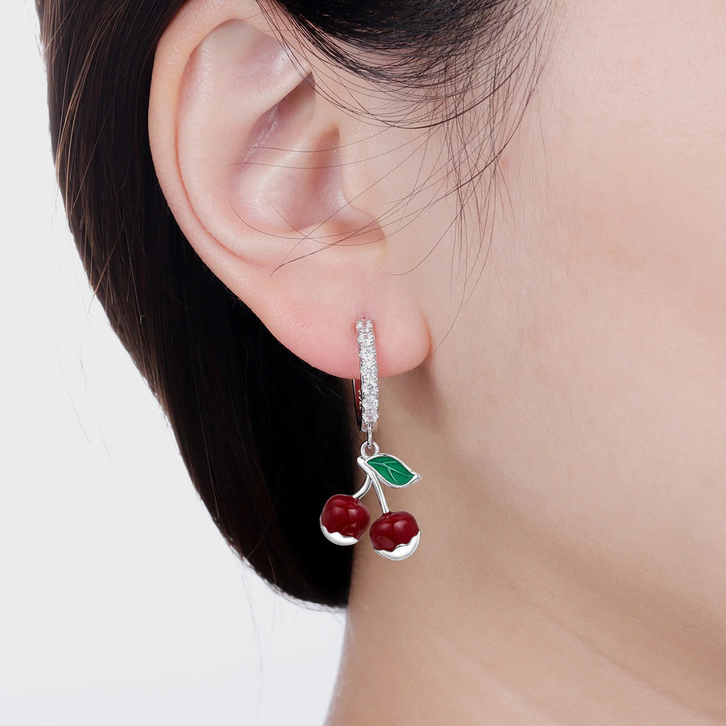 925 Sterling Silver Red Cherry Fruit Key Lock Drop Earrings Trendy Jewellery