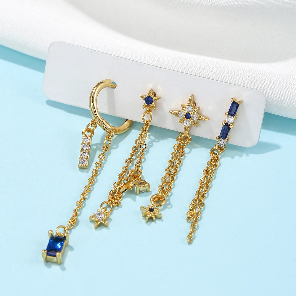 New Stainless Steel Zirconia Chain Hoop Earring Blue Star Moon Square
