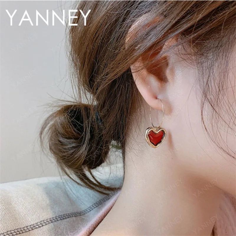 925 Sterling Silver 18K Gold Red Heart Earrings Women Fashion Birthday Gift