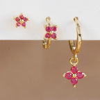 3PCS Stainless Steel Rose Red Zircon Flower Dangle Earring 18K Gold