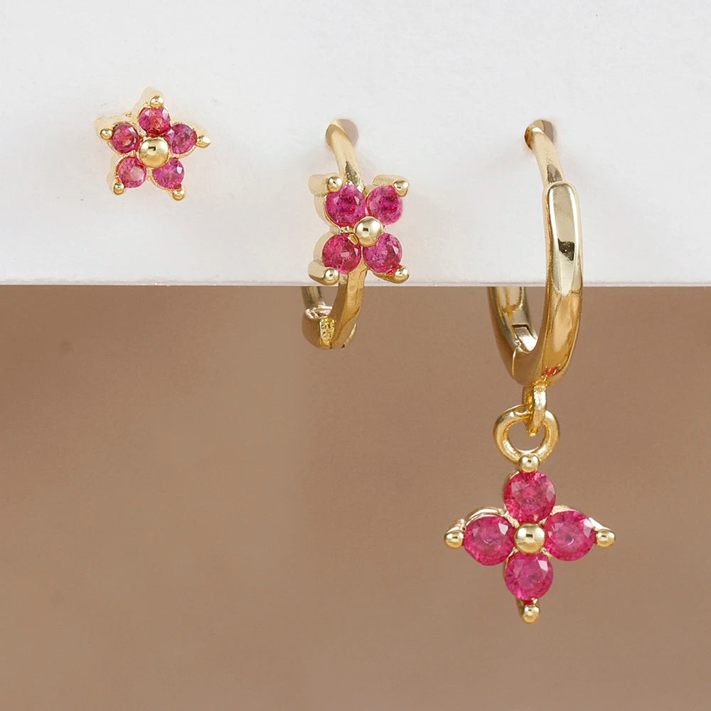 3PCS Stainless Steel Rose Red Zircon Flower Dangle Earring 18K Gold