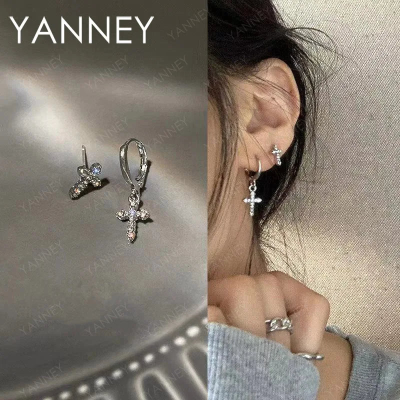 925 Sterling Silver Cross Zircon Stud Earrings Men Women Sparkling Jewellery