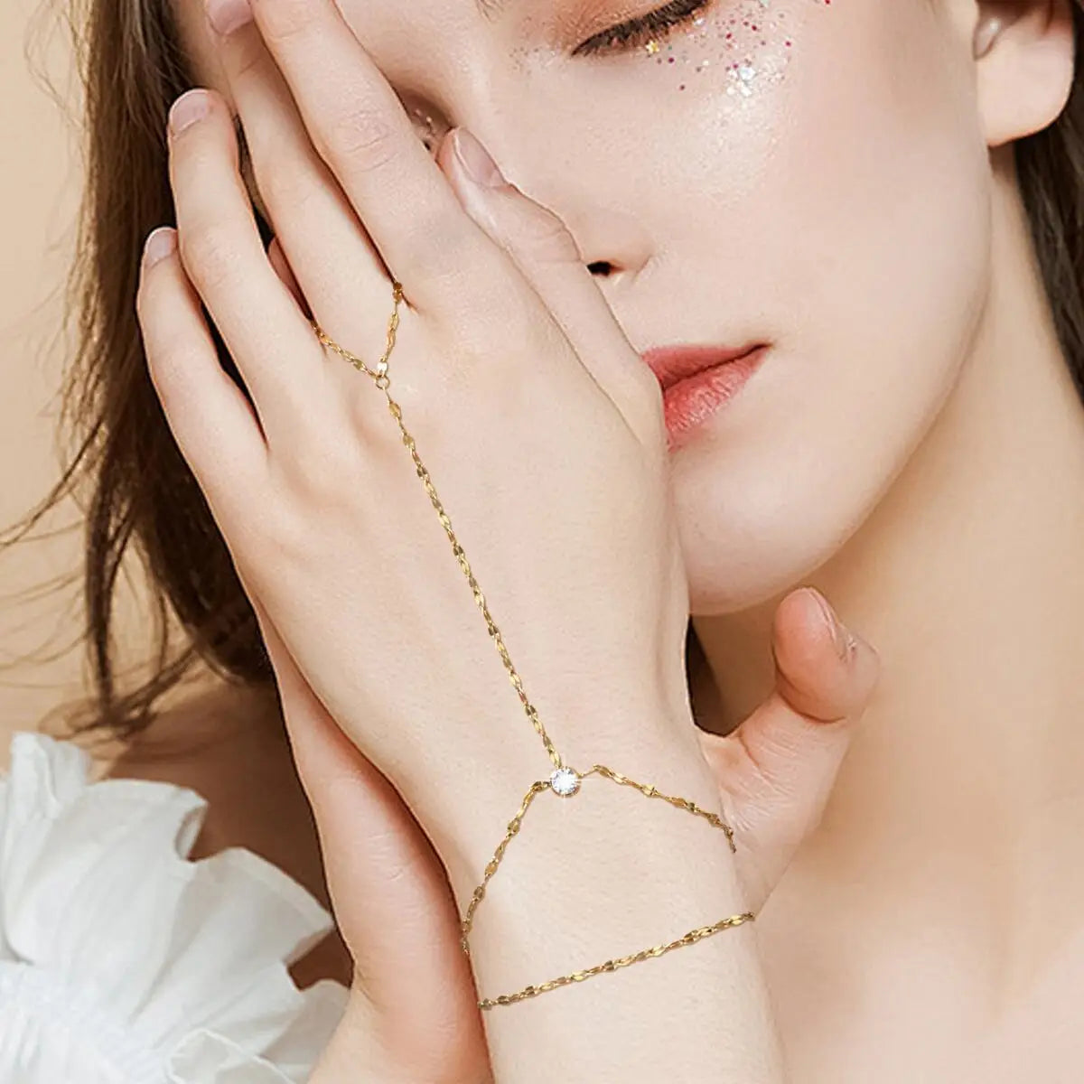 Stainless Steel Hand Chain Ring Bracelet for Women, Adjustable Gold Plated Doule-layer Bracelets, Christmas Party Jewelry