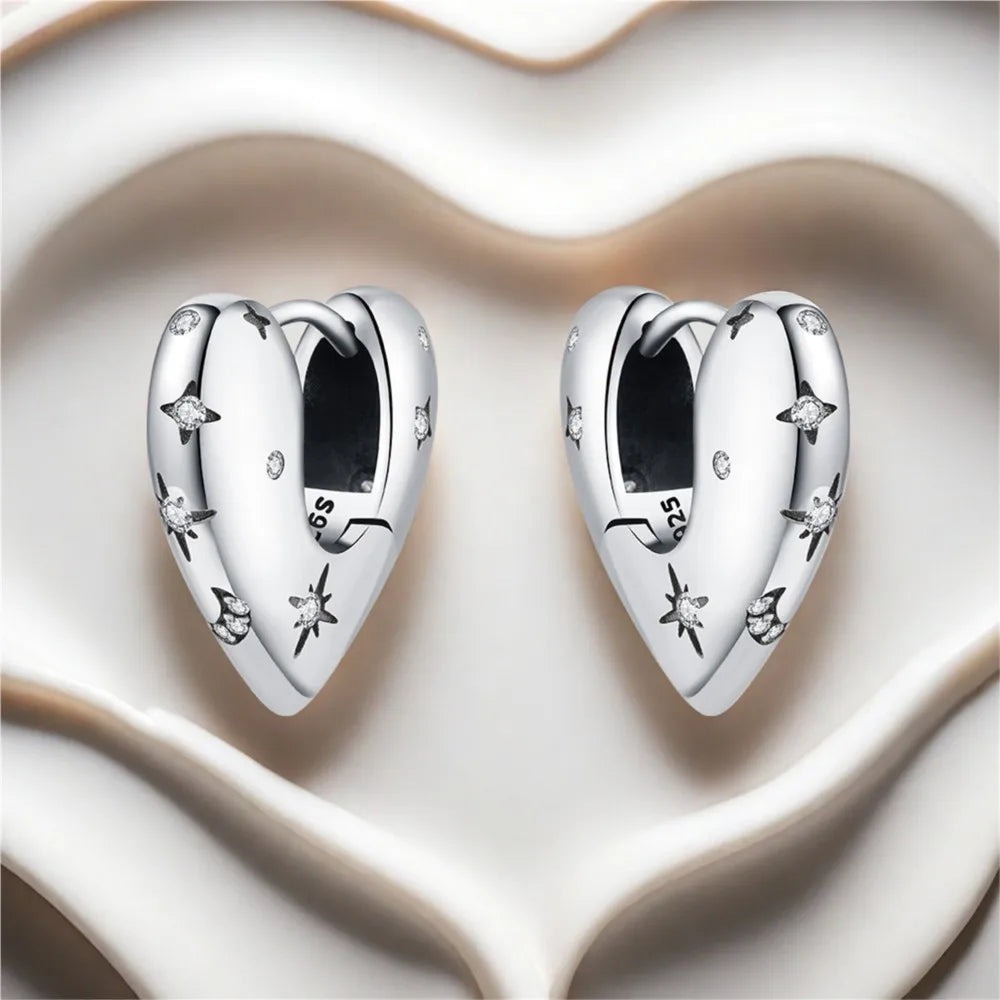 925 Sterling Silver Star Moon Heart Shape Versatile Hoop Earrings Fine Gift