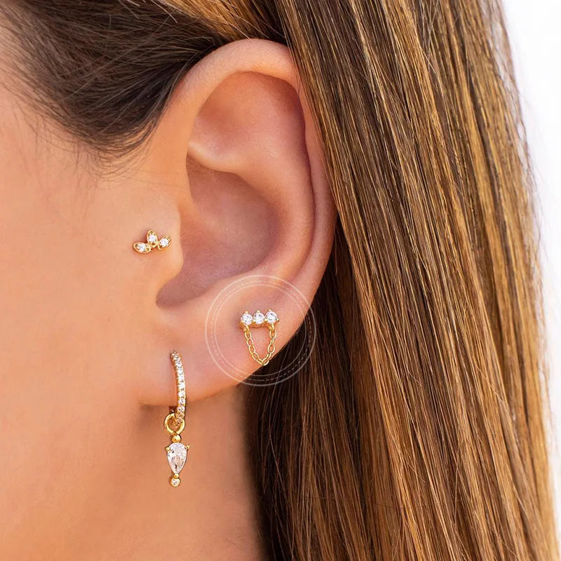 New Stainless Steel Zirconia Hoop Earring Cloud Star Moon Chain Pendant