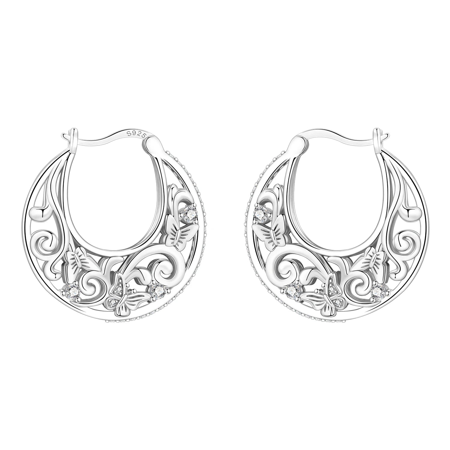 925 Sterling Silver Bees Butterflies Zircon Circle Hoop Earrings Jewellery